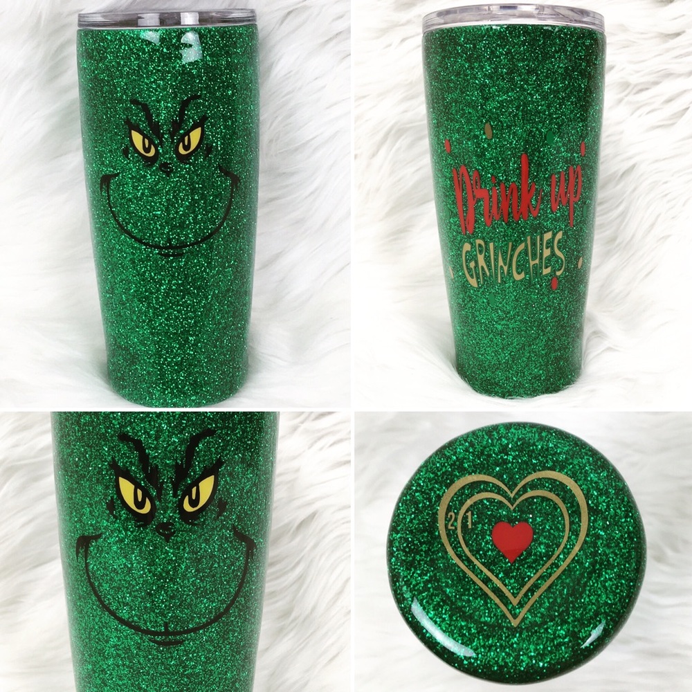 Custom 20oz Glitter Grinch Tumbler Cup - Picture 2 of 8